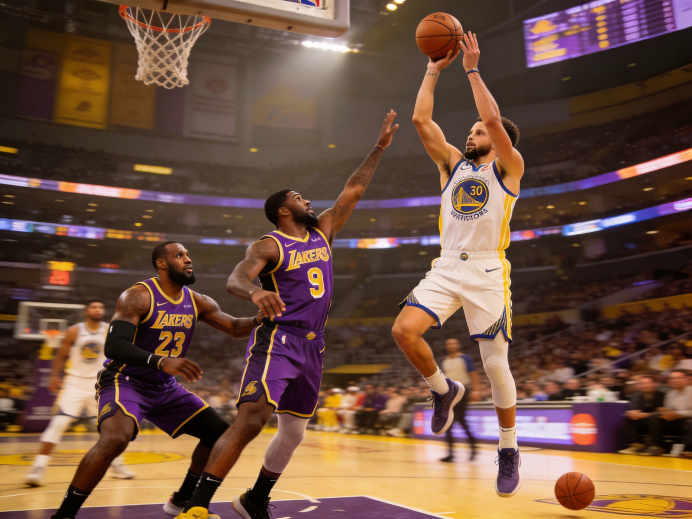 NBA湖人队与勇士队比赛画面,库里三分投篮